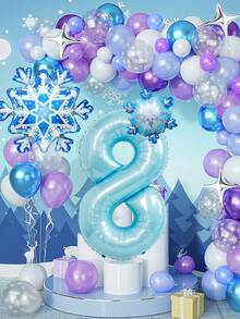 100 件冰雪主题蓝色数字生日花环拱门气球套装，包括雪花铝箔气球、金属紫色、蓝色、雪花印花蓝色乳胶气球，适合公主生日派对、冰雪奇缘主题、圣诞装饰 - 彩色 - 查看 5