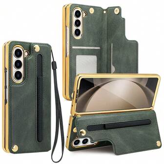 VIETAO Hand Holder Strap Golden Plated Faux Leather Phone Cover Compatible With Samsung Galaxy Z Fold 7 6 5 4 3 Fold6 Card Slot Holder Kickstand Mobile Case