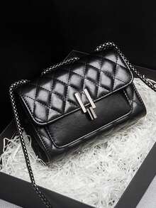 优雅女士单肩包，配链条肩带，绗缝PU斜挎包，奢华简约腋下包，轻便，商务休闲迷你金属锁扣绗缝翻盖链条单肩包，手拿包，简约手拿包，经典款式，皮革小包，派对包，适合女演员、女士、情人节旅行、工作和办公场合。 - 黑色 - 查看 6