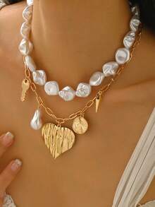 2pcs/Set Luxury Exquisite Faux Pearl Beaded Necklace, Elegant Gold Chain Necklace With Heart & Key Pendant, Suitable For Daily Wear, Dates And Gatherings - Multicolor - View 5