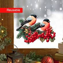 Weihnachts-Spatz-Fenster-Statik-Aufkleber - Abnehmbare, nicht-klebende PVC-Aufkleber mit rotem Vogel und Stechpalmen-, Beerenzweig-Mustern, festliche Fensteraufkleber für Zuhause & Büro, Festivalparty-Dekoration, wiederverwendbare Weihnachtsdekoration, Weihnachtsgeschenke
