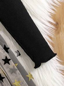 Young Girls' Fashion New Spring/Autumn Outfit, Girls' Solid Color Ruffle Sleeve Round Neck Long Sleeve Patchwork Star Print Mesh Hem Double Layer Dress, Girls' Casual Outdoor Simple Comfortable Versatile Childrenswear, Elegant Party Dress - Black - View 4