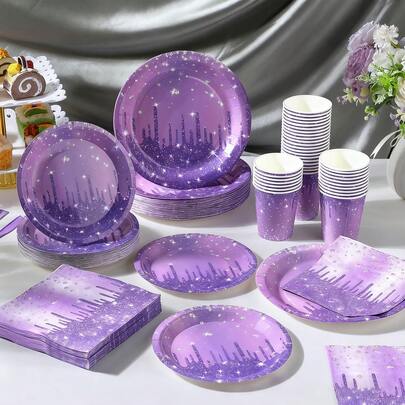 10/20/50pcs Set Purple Glitter Confetti Diamond Paper Plates, Includes 9-Inch And 7-Inch Disposable Plates, Napkins And Cups, Suitable For Daily Dinner, Birthday, Anniversary, Graduation, Engagement And Other Occasions. Great Choice For Family Gatherings And Dessert Parties.
