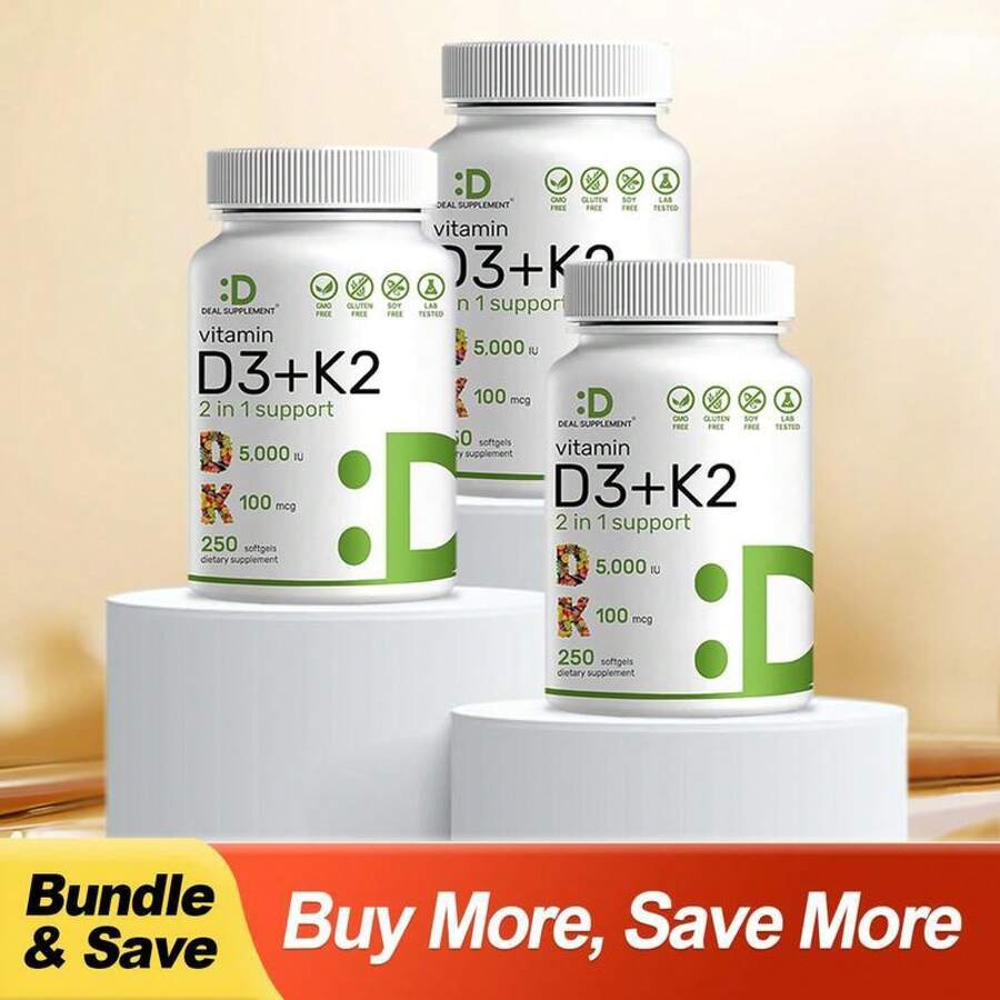Supplement Vitamin D3 & K2,250 VeggieSoftgels2-In-1 Formula(5000 LU D3 +100mcg K2 MK7) Supports Healthy BonesTeeth,Heart,&Lmmune SvstemlNutrition &Healthcare Supplement Dietary Edible Fitness - 3瓶 - 查看 1