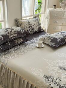3件套床裙套装（1个床裙+2个枕套），花卉图案，柔软亲肤，适合卧室，四季皆宜 - 灰色 - 查看 7