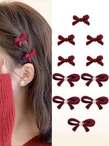 10 件女孩红色植绒蝴蝶结发夹，小植绒刘海夹，新年发饰 - 彩色 - 查看 14