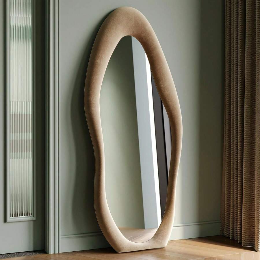 Full Length Mirror, 63" X 24" Wall Mirror, Flannel Wrapped Wooden Frame Floor Mirror, Irregular Wavy Mirror Hanging Or Leaning Against Wall For Cloakroom/Bedroom/Living Room, Milk Tea,24331391 - 淺灰紫 - 查看 1