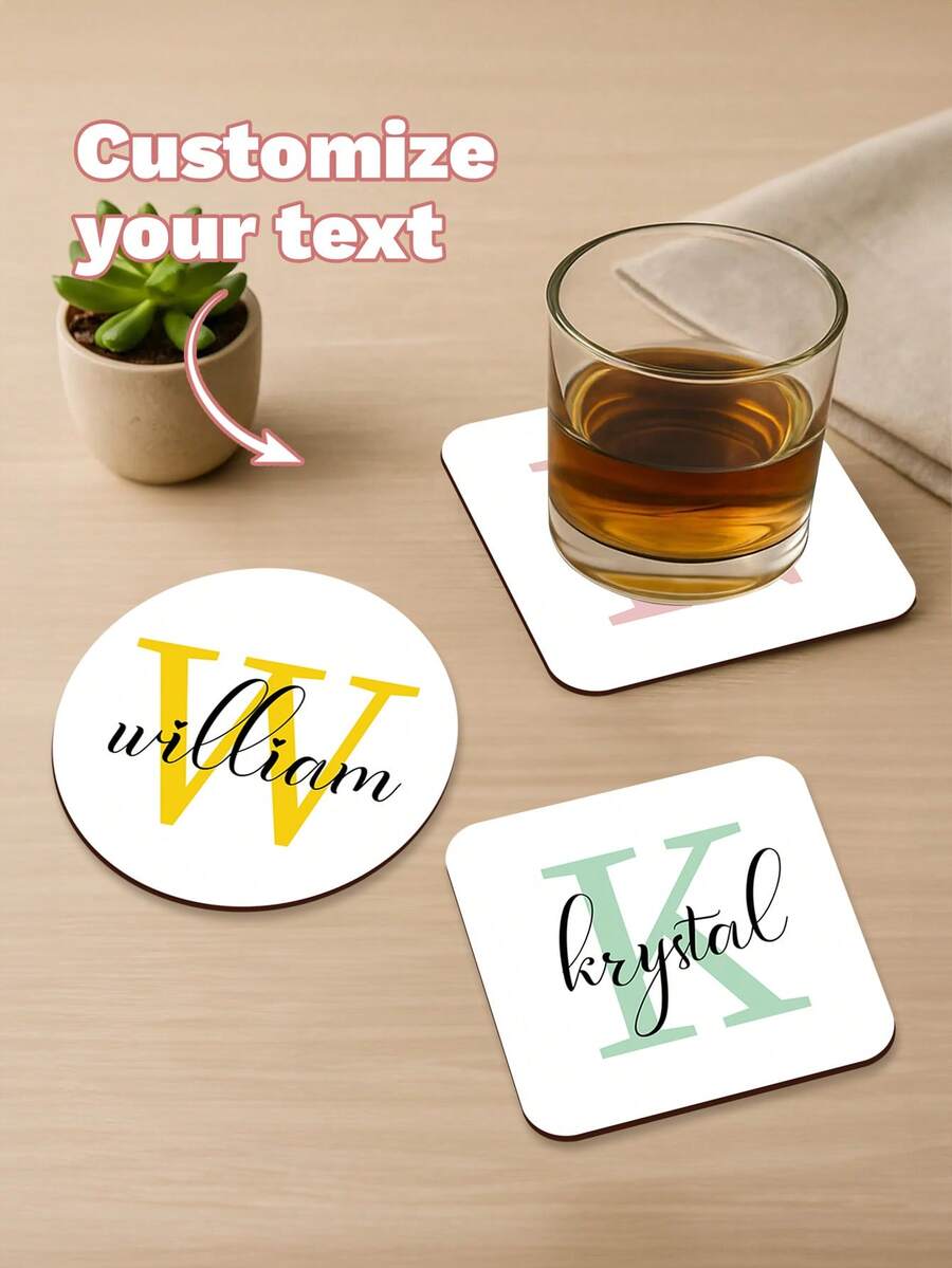 Personalised Name Drinks Wooden Coasters With Heart, Drinks Coaster Any Name, Coaster For Girls, Name And Initial,Custom Design Square And Round 2 Styles, Christmas Gift For Daddy From Son Or Daughter,2025 Christmas Table Decorations , Custom Family Keepsake Square Wooden Coaster - Multicolor - View 1