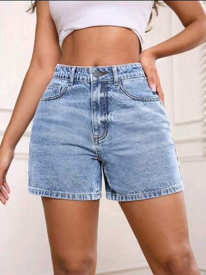 Women's High Waist Versatile Denim Shorts, Retro Wash, Loose Style, Knee-Length Casual Vintage Fashion Shorts For Summer