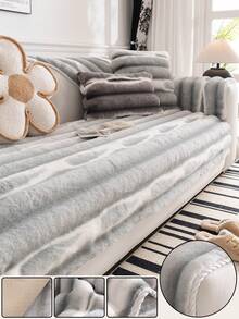 1pc Rabbit Fur Sofa Cushion Cover, Tie-Dye Striped, Thick & Warm For Winter, Anti-Slip & Anti-Scratch Sofa Protector, Ins Style