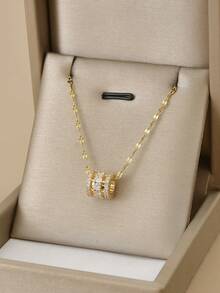 1pc Fashionable Rhinestone Circular Pendant Stainless Steel Necklace, Gold Jewelry, Gold Necklace, Gift - Yellow Gold - View 14