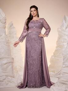 Mgiacy-Pop,,New Arrival,V-Neck, Embroidered Lace, Beaded Beads, Long Sleeves, Slit Starlight Satin Hem, Sequins, Evening Dress,FOR,Dinner Party - Dusty Pink - View 5