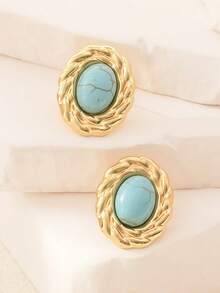 2pcs Stainless Steel Turquoise Stud Earrings, Suitable For Women's Daily Wear
