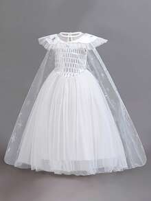 Girls' Solid Color Sequin Birthday Wedding Princess Dress With Cloak, Suitable For Ball, Party, Vacation (Excluding Headband) - trắng - Xem 3