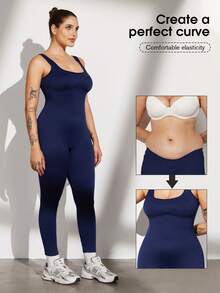 Plus Size Curve Woman Activewear Yoga Clothes Seamless Gym Sports High Support Moisture Wicking Workouts Breathable Outdoor Plus Size Curve Tummy Control High Elasticity Straps Gym Women Outfit Women's Seamless Yoga Bodysuit - Navy Blue - View 3