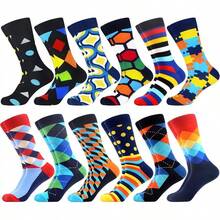 Men's Funny Novelty Crazy Pattern Dress Socks For Gifts - 黑色/藍色/綠色/多色幾何-12米 - 查看 12