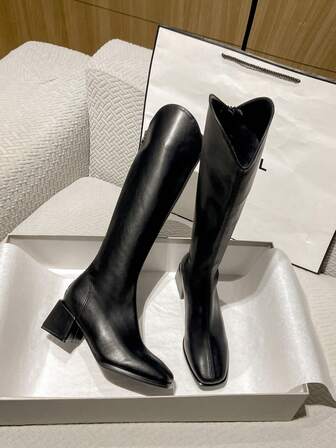 2025年高品质热销秋季新款中跟粗跟高筒靴，百搭时尚V型过膝靴，优雅简约女鞋过膝靴