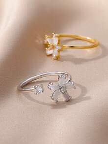 1 Pc Fashion Artificial Zirconia Double Flower Rings For Women Color Flower Opening Geometry Ring Wedding Party Jewelry Gifts