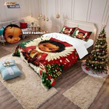 3 PiecesChristmas-Themed Quilt Set,(1 Set +2 Pillowcases, No Core) Printed With The Image Of A Black Cherub With White Wings, Surrounded By Christmas Trees, Christmas Socks, Stars And Other Elements, Suitable For Your Sleep All Year Round. Comfortable Experience