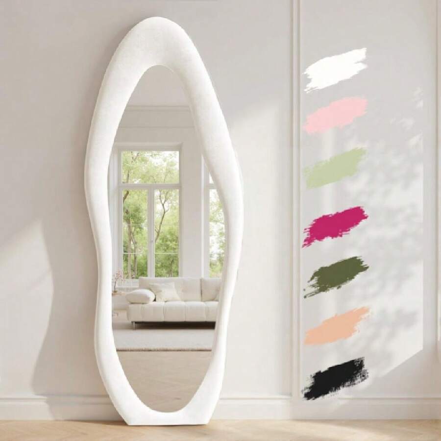 Full Length Mirror 63"X24" Irregular Full Body Wall Mounted Floor Mirror With Stand Ivory Flannel Frame Leaning Hanging Wall Mirror For Bedroom Entrance,24331205,2-In-1 Leaning Wall Mirror ,Bedroom Floor Standing Mirror - 墨綠色 - 查看 1