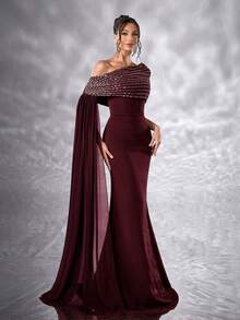 YISIKADO Women Elegant Ball Gown Rhinestone One Shoulder Shawl Sleeveless Formal Evening Dress Mermaid Fishtail Hem Prom Party Dress Elegant Wedding Guest Prom Party Banquet Dinner Graduation Adult Ceremony Celebration Concert Red Carpet Ceremonial Dress - 酒紅色 - 查看 3