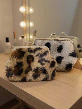 Plush Coin Purse, Short Plush Coin Pouch, Leopard Print Pattern, Suitable For Women/Girls, Multifunctional Portable Coin Wallet, Women's Gift, Brand New Design, Photography Style, Unisex, Durable Faux Fur Clutch, Can Store Cosmetics, Phone, Lipstick And Other Small Items