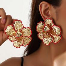 Golden Color Enameled Big Flower Floral Statement Earring For Women