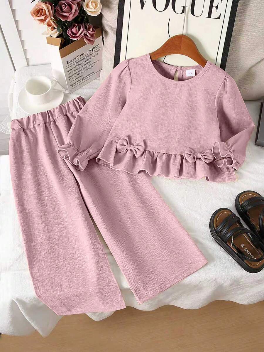 Bộ 2 áo dài tay và quần vải dệt mềm mại thoải mái cho bé gái, thích hợp mặc ngoài trời, mùa thu/đông - Bụi hồng - Xem 1