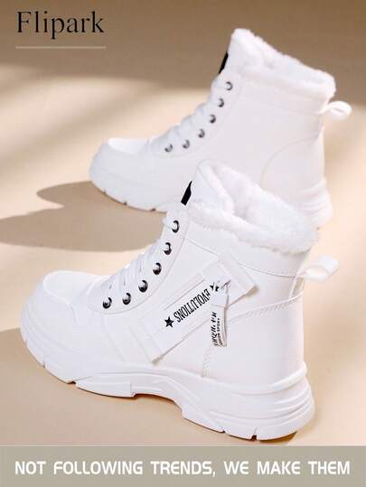 Flipark 1 双女式白色休闲户外雪地靴，圆头，系带，防水，保暖内衬，高帮，适合秋冬季