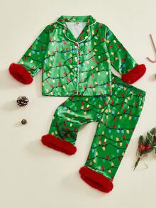 Kid Christmas Satin Pajamas Set Light String Print Long Sleeve Lapel Button Down Tops With Pants Sleepwear - Green - View 6