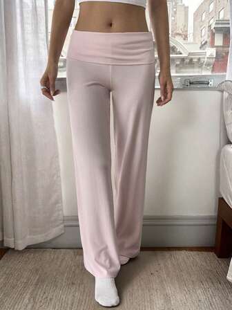 女士休闲翻领直筒裤，低腰，纯色，适合秋季