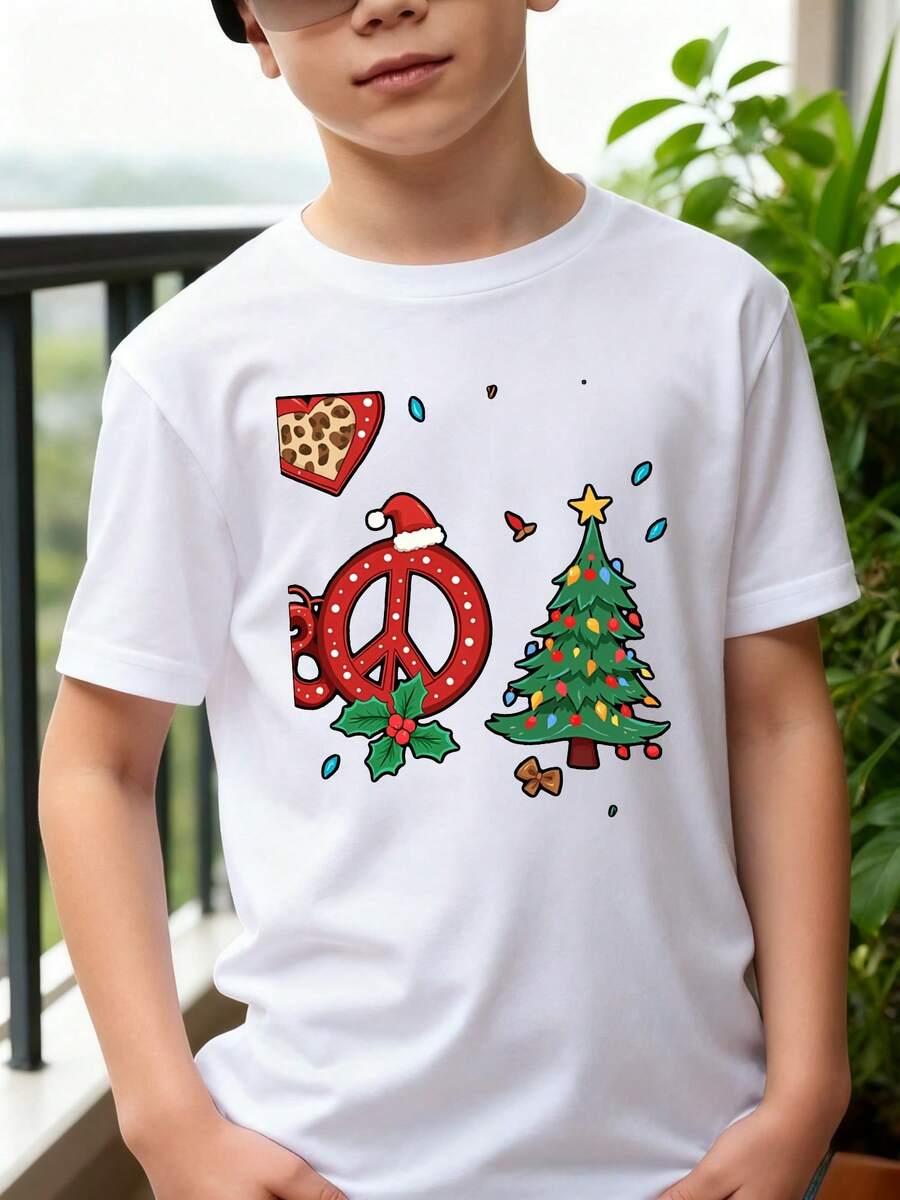 Playeras de niño Señal de paz, Árbol de Navidad, Porción de pizza tops para adolescentes blusas para adolescentes Regalos navideños Camisetas de niña Camisetas navideñas Camiseta de Halloween para niñas Camisetas para niños y niñas La tela es suave, transpirable y cómoda, hecha de puro - Blanco - Ver 1