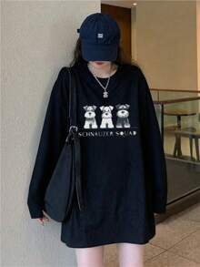 女士宽松字母和狗狗印花长袖T恤，适合春秋季休闲穿着，黑色 - 黑色 - 查看 5