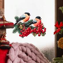 Weihnachts-Spatz-Fenster-Statik-Aufkleber - Abnehmbare, nicht-klebende PVC-Aufkleber mit rotem Vogel und Stechpalmen-, Beerenzweig-Mustern, festliche Fensteraufkleber für Zuhause & Büro, Festivalparty-Dekoration, wiederverwendbare Weihnachtsdekoration, Weihnachtsgeschenke