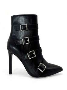 RevReaL Stivaletti alla caviglia da donna con fibbie e tacco alto - dalla punta affusolata in nero e bianco