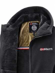 Men's Fleece-Lined Thickened Hooded Jacket For Autumn And Winter - Stylish, Casual, Letter-Printed, Warm Outerwear - Black - View 2