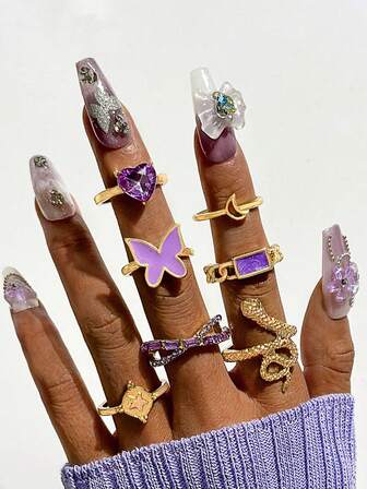 7pcs/Set Purple Drip Oil Rhinestone Alloy Rings, Niche Design, Ins Fashion Hollow Personalized Stackable Ring Set