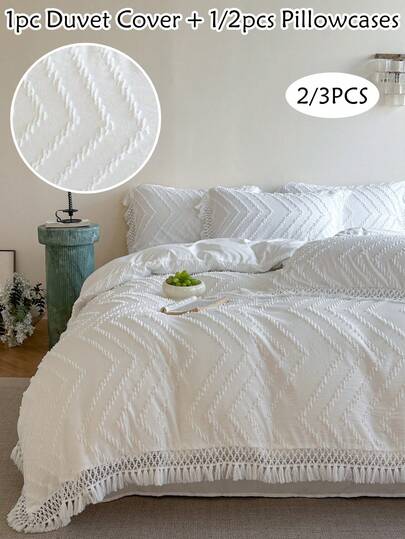 2/3件套白色条纹簇绒提花被套组，带流苏，波西米亚复古风格床上用品套装，四季皆宜，现代波西米亚风，柔软透气，经久耐用，可机洗（1个被套+1/2个枕套，不含填充物）