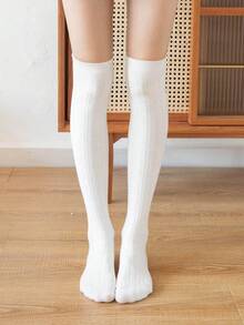1 Pair New Autumn & Winter Japanese-Style Cream White Cashmere Socks | Retro Cable Knit Jacquard, Slim-Fit, Warm, Over-The-Knee | Random Delivery, Cozy - White - View 10