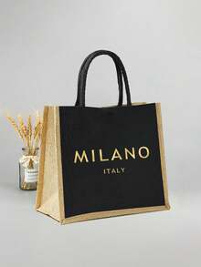 一套亚麻手提袋，包含一个印有金色“MILANO ITALY”字样的手提袋和一个图案小袋，可定制字母和花卉图案，适合婚礼、生日、海滩、节日等场合，是送给女性、母亲、教师、朋友、伴娘、学生和返校季的完美礼物。 - 彩色 - 查看 11