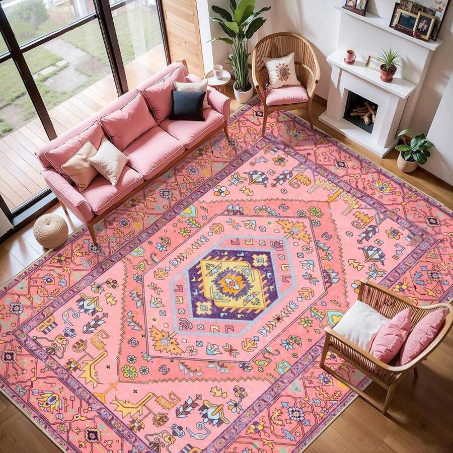 Runner Rug Hallways, 2'6x10' Washable Non Slip Kitchen Runner Rug, Long Boho Vintage Rust Hallway Stair Ultra Soft Print Floor Carpet Bedroom Bathroom Laundry Room, Home Decor - Fuchsia Pink/Multi - View 1