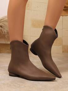 1 paire de bottes mi-mollet zippées sur le côté, de couleur unie, pour le travail et les déplacements. Bottes cheville, style bureau, pour l'automne/hiver, style américain. Bottes Chelsea à talon bas et bout pointu pour femmes - Tabac - Voir 3