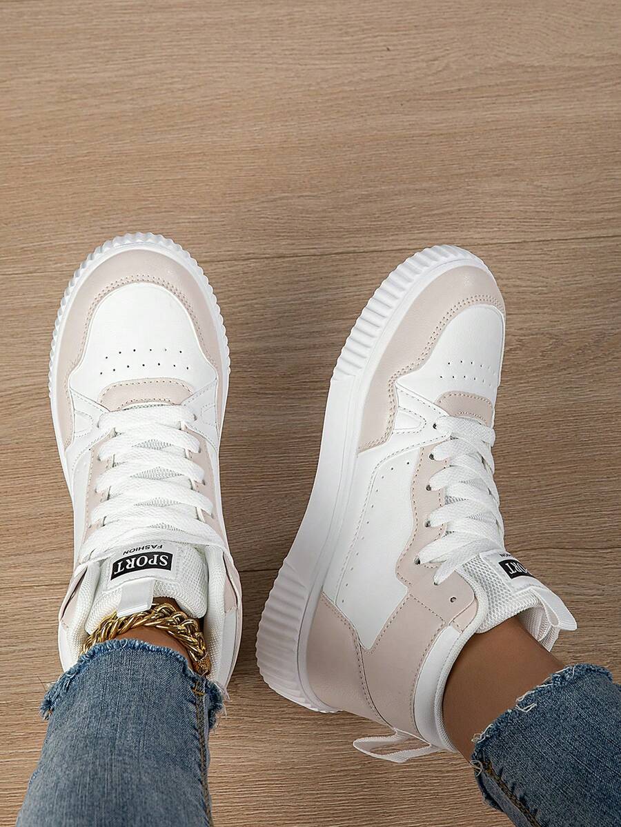 أحذية رياضية كاجوال عالية الرقبة للنساء، بأربطة، لون متباين، تنفس، خفيفة الوزن ومريحة للتزلج - الأرز الأبيض - مشاهدة 1