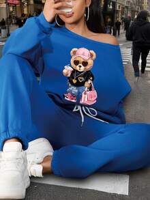 Women's Round Neck Bear Print Sweatshirt And Matching Drawstring Waist Pants Two Pieces Casual Outfit - Blue - View 4