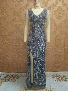 Cololura Women Elegant Sequin Tassel Bodycon Formal Party Gowns Evening Maxi Dress - 黑銀色 - 查看 8