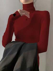 女士修身爱心图案高领长袖T恤，春夏款，适合新年、情人节等场合 - 酒紅色 - 查看 3