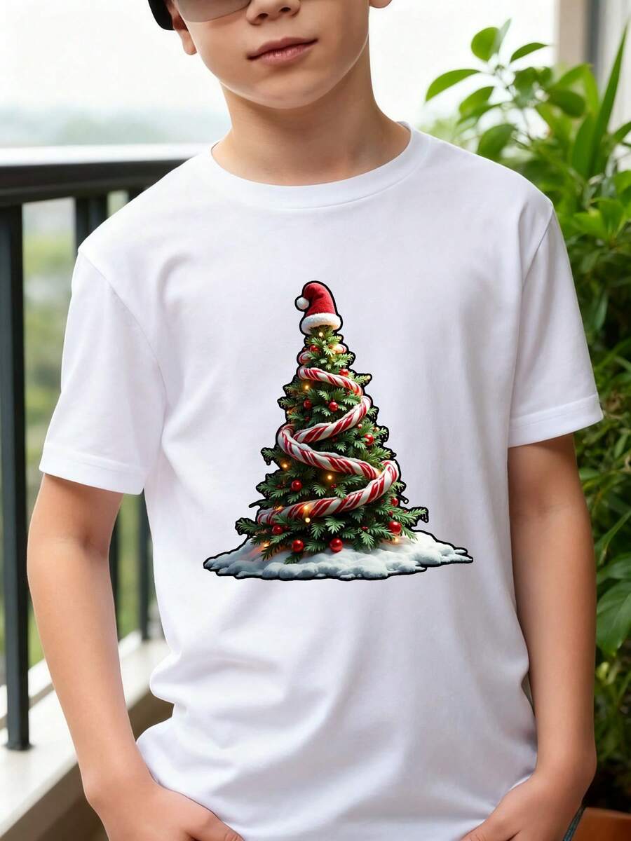 Playeras de niño Árbol de Navidad con Caramelo de Cane sudaderas de niño camisas para niño Camisetas de niña Camiseta de Halloween para niñas Regalos navideños Camisetas navideñas Camisetas para niños y niñas La tela es suave, transpirable y cómoda, hecha de puro algodón. - Blanco - Ver 1