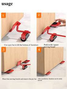 1 juego/5 PIEZAS Juego de herramientas elevadoras y deslizantes de muebles de uso pesado con ruedas giratorias de 360° - 5 deslizadores de piso antiarañazos, base con polea para mover artículos grandes, construcción resistente, diseño ergonómico, para madera/baldosa/alfombra | Sistema de mudanza profesional para sofá/cómoda/refrigerador | Artículos esenciales para mudanza de apartamento, montaje de dormitorio y herramientas de renovación del hogar | Elevadores de palanca ergonómicos, muy adecuados para renovación de la casa, mudanza, mudanzas, almacenes (Rojo)