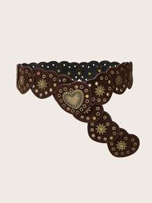 Bohemian Brown Suede Retro Heart Shaped Waist Belt, Y2K Girl Waist Belt, BOHO Heart Patchwork Rivet Decor Western Style Vintage Music Festival Belt Accessory, Suitable For Skirts, Music Festivals, Parties, Valentine's Day, XL/XXL Plus Size - Brown - View 2