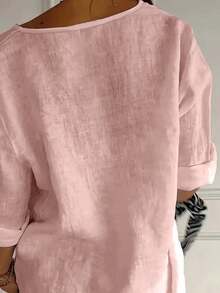 加大码女式纯色前开襟衬衫 粉色 春季 - 粉色 - 查看 3